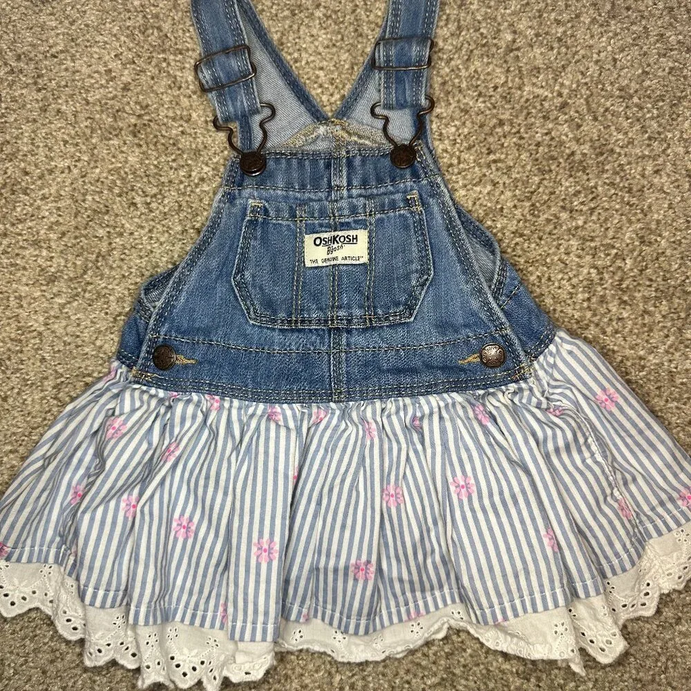 Osh Kosh Eyelet Lace Bib Overall Denim Dress 12mo chambray skirt stripes OSHKOSH